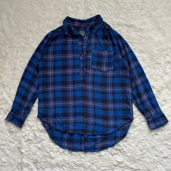 Anthropologie Top Isadora Button-Back Tunic Long Sleeve Plaid Blue M - Picture 3 of 13